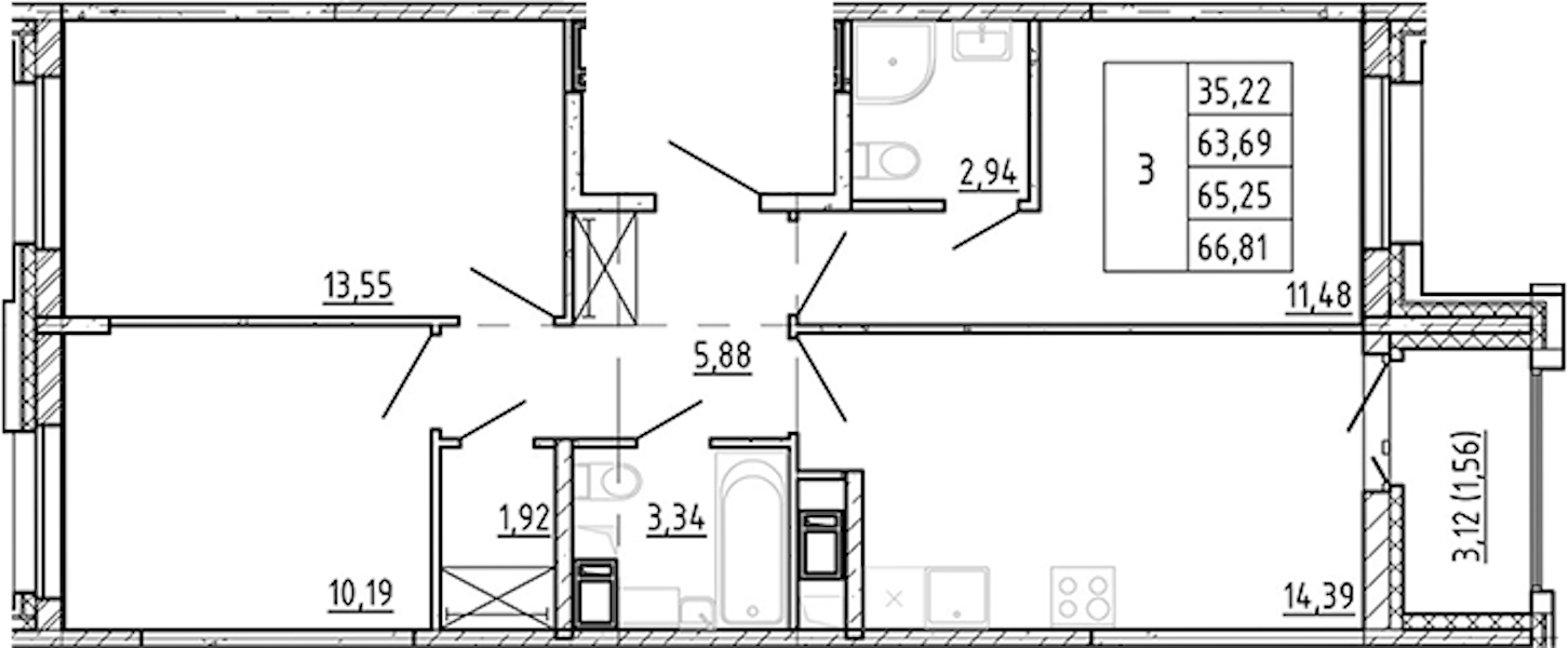 2-комнатная квартира 63.69 м², 11/12 эт., ЖК «Полис Новоселье»